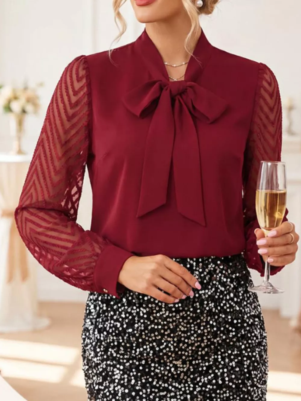Bow-Tie Blouse with Sheer Chevron Long Sleeves, image 13