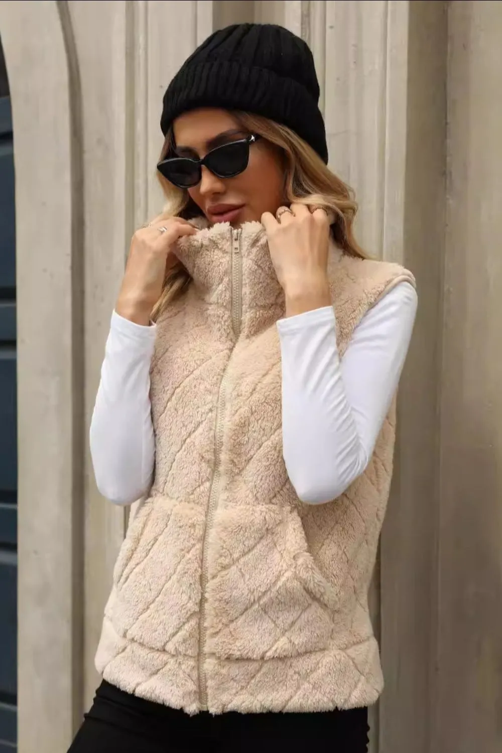 Fuzzy Plaid Texture Zip Up Vest Coat, image 6