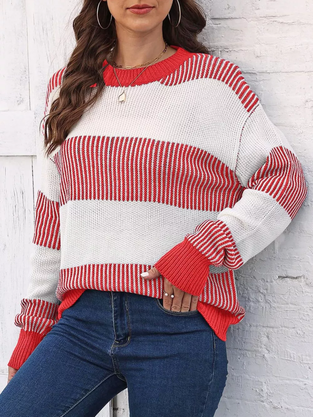 Full Size Color Block Dropped Shoulder Sweater Plus Size, image 15