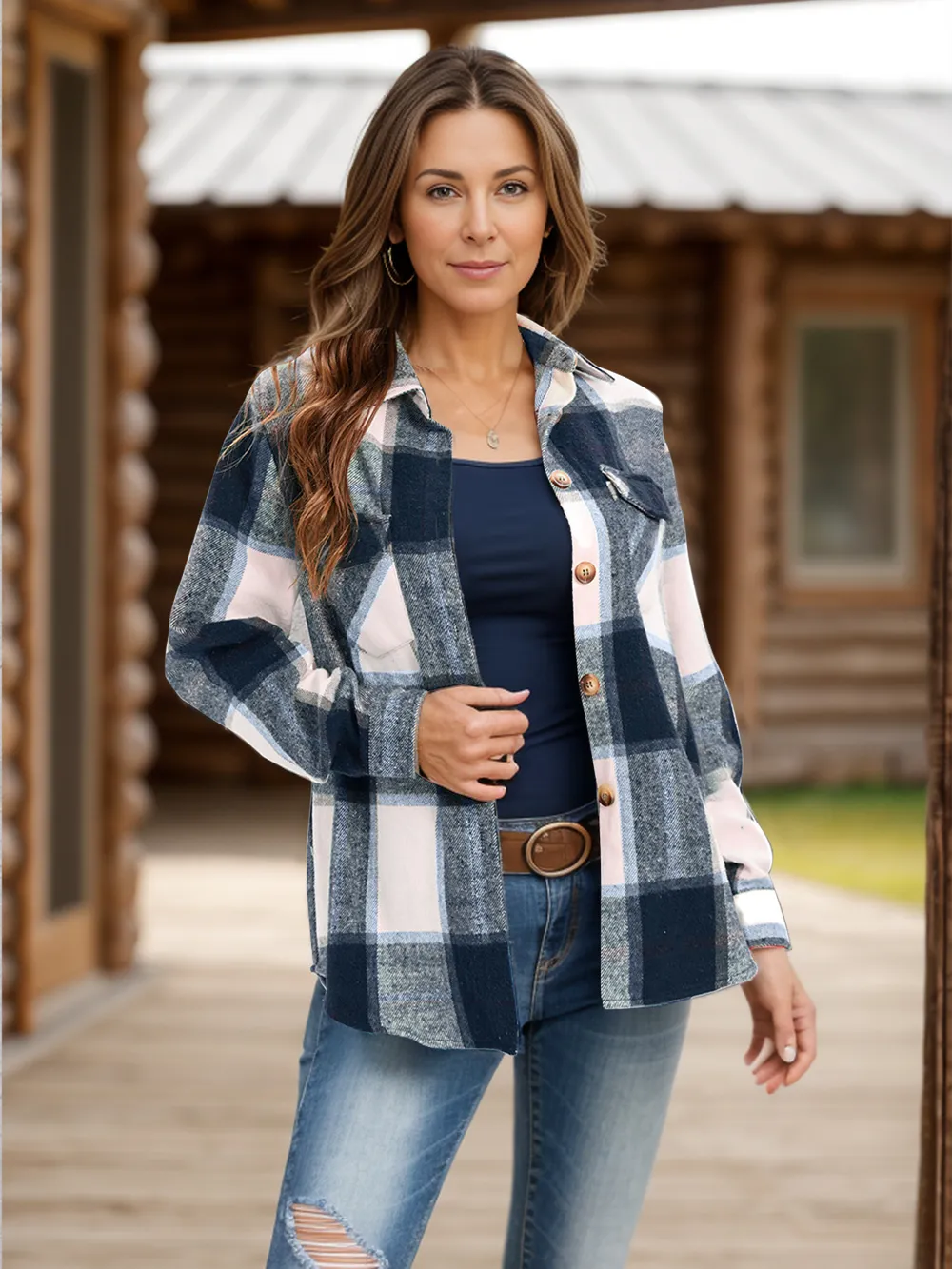 Full Size Pocketed Plaid Collared Neck Shacket, image 3