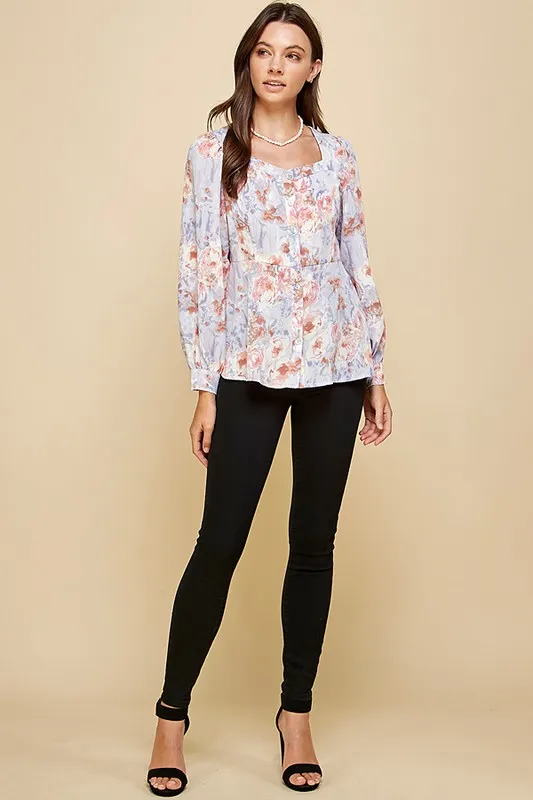 Floral Sweetheart Neckline Button Down Blouse, image 7