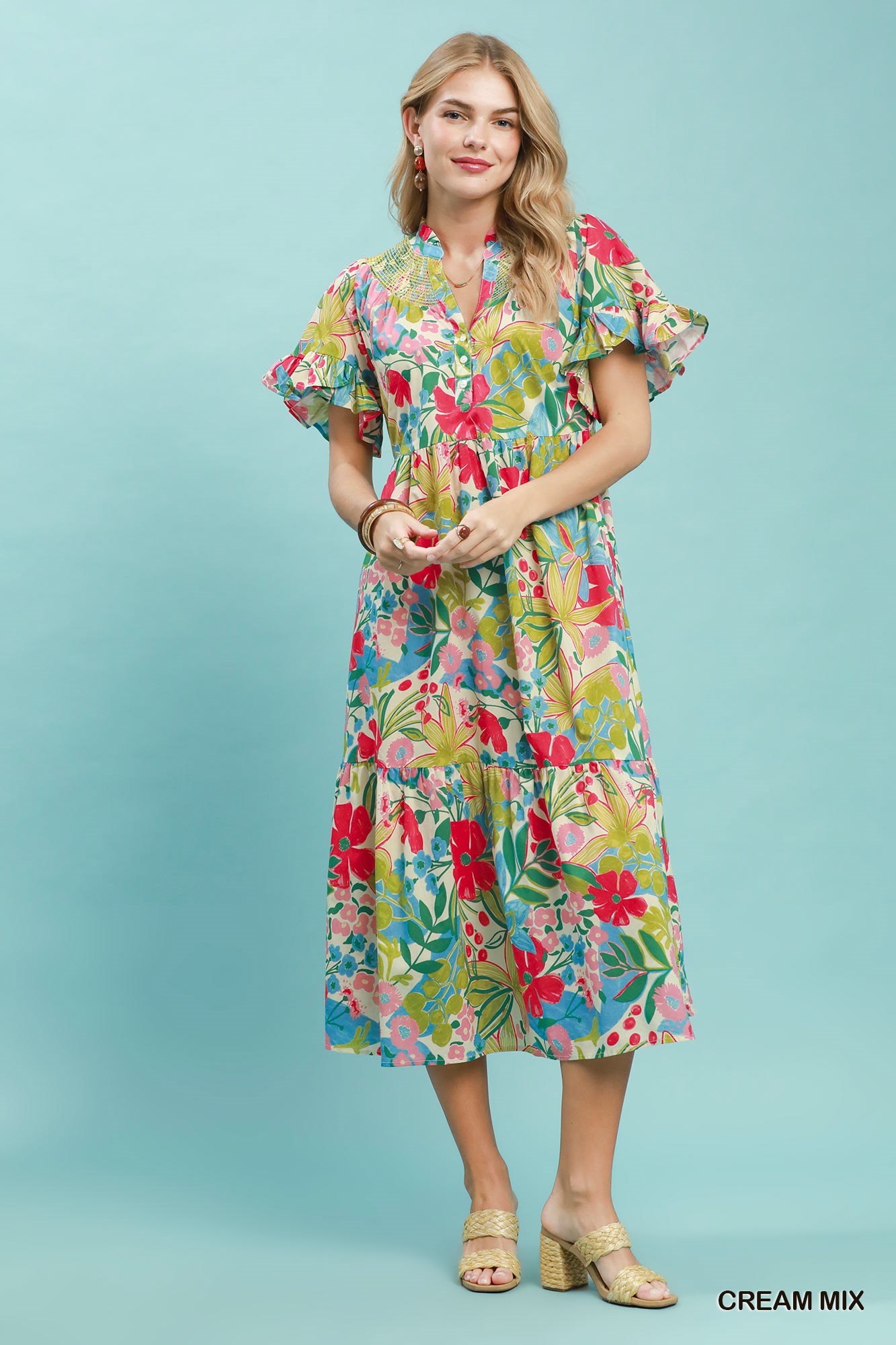 Tropical Floral Ruffle Sleeve Tiered Midi Dress, image 5