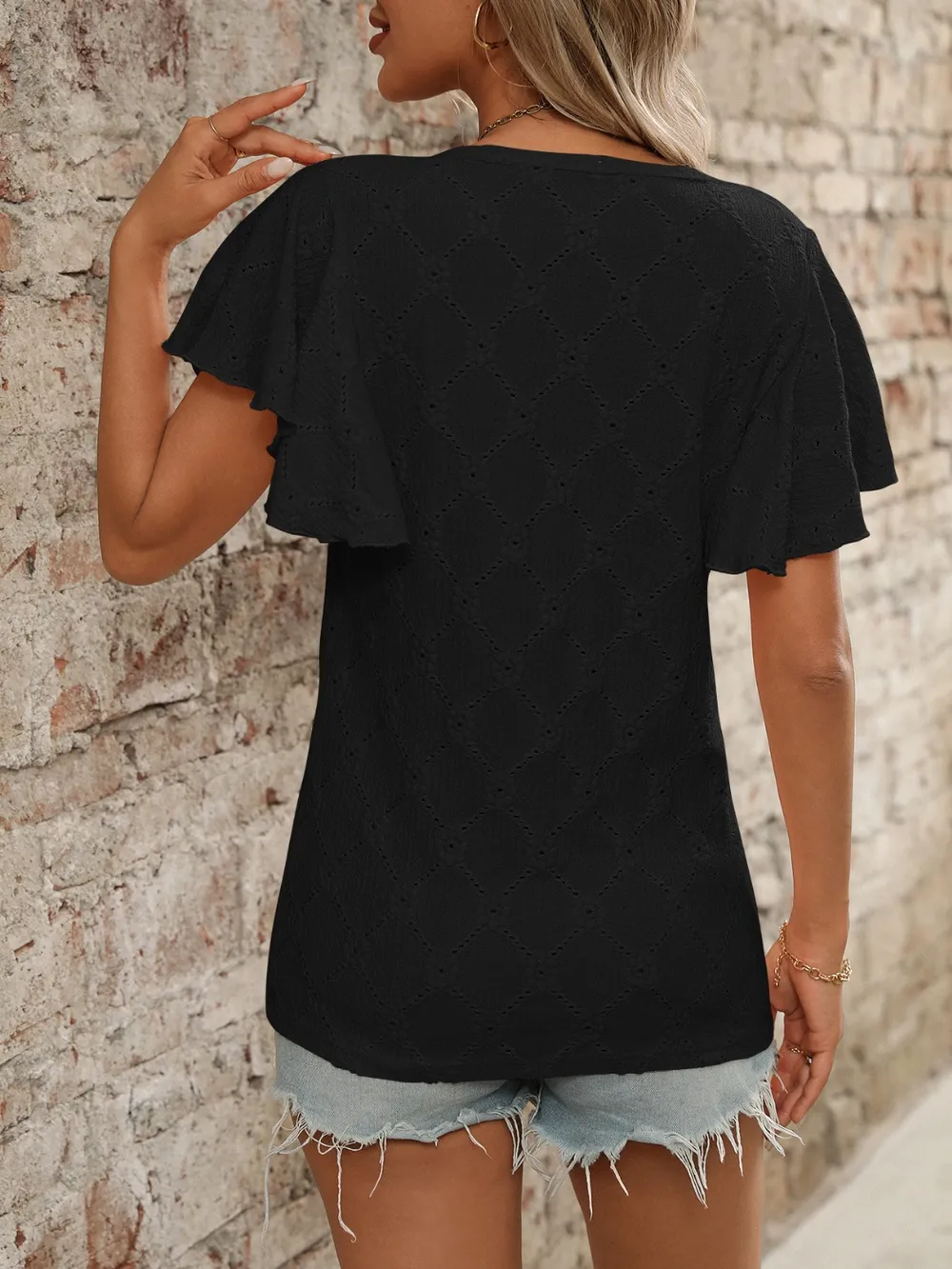 Eyelet Round Neck Flutter Sleeve Top, image 13