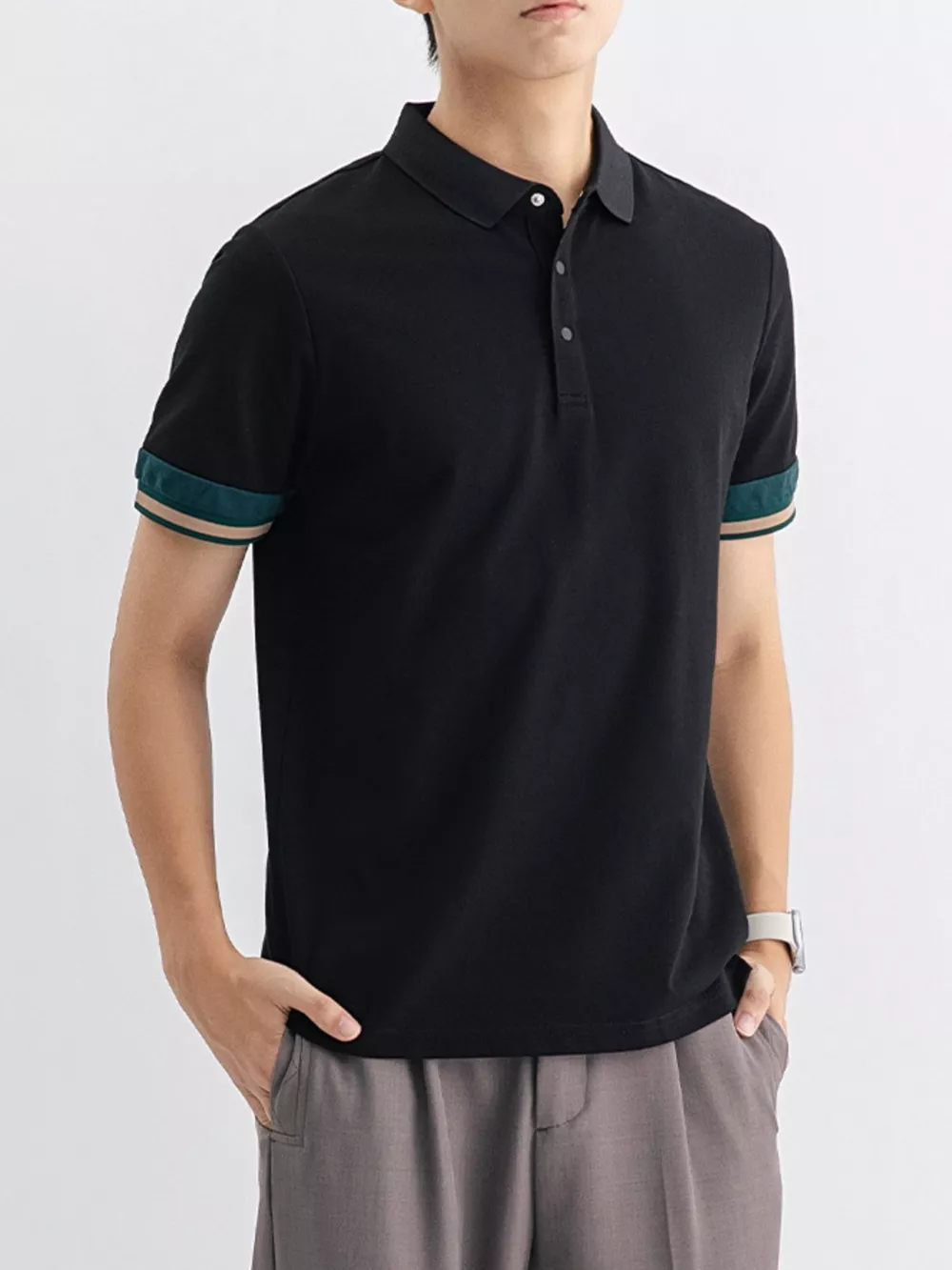 Men's Plus Size Button Detail Striped Cuff Polo