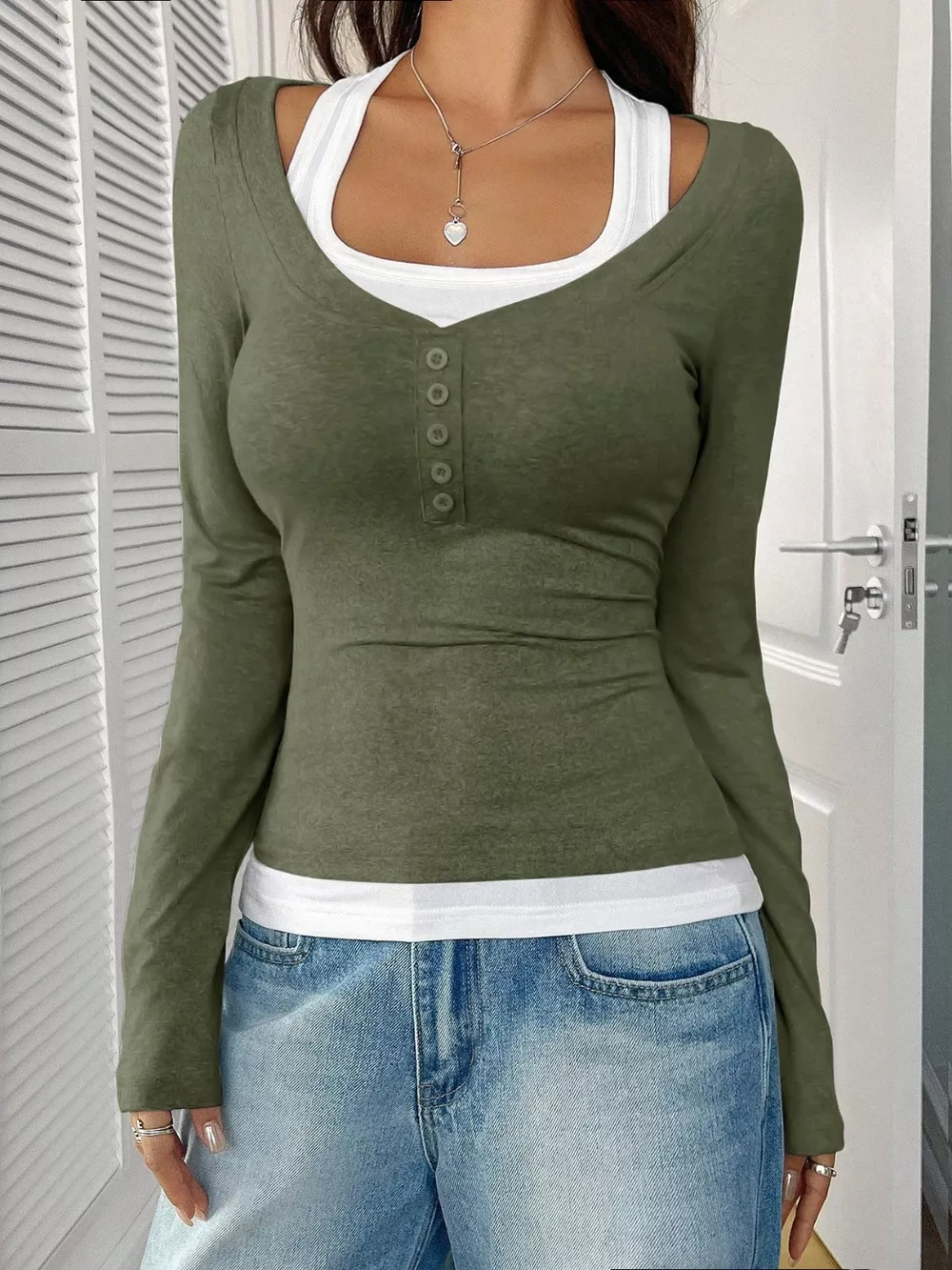 Contrast Long Sleeve Fake Two-Piece T-Shirt, image 17