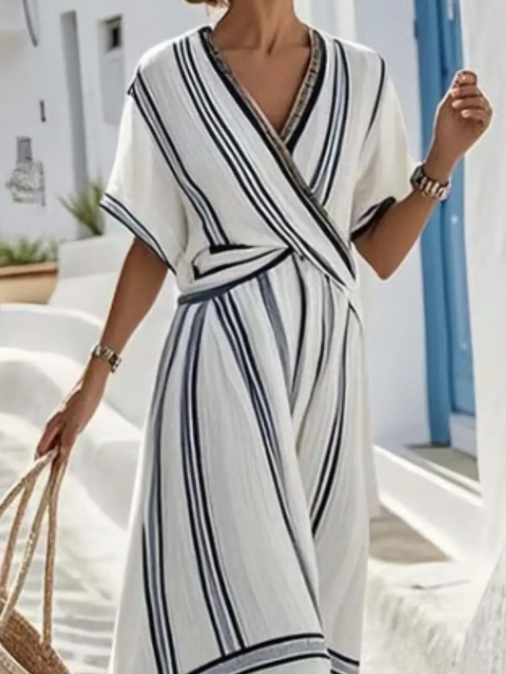 Full Size Striped Short Sleeve Wrap Maxi Dress Plus Size, image 3
