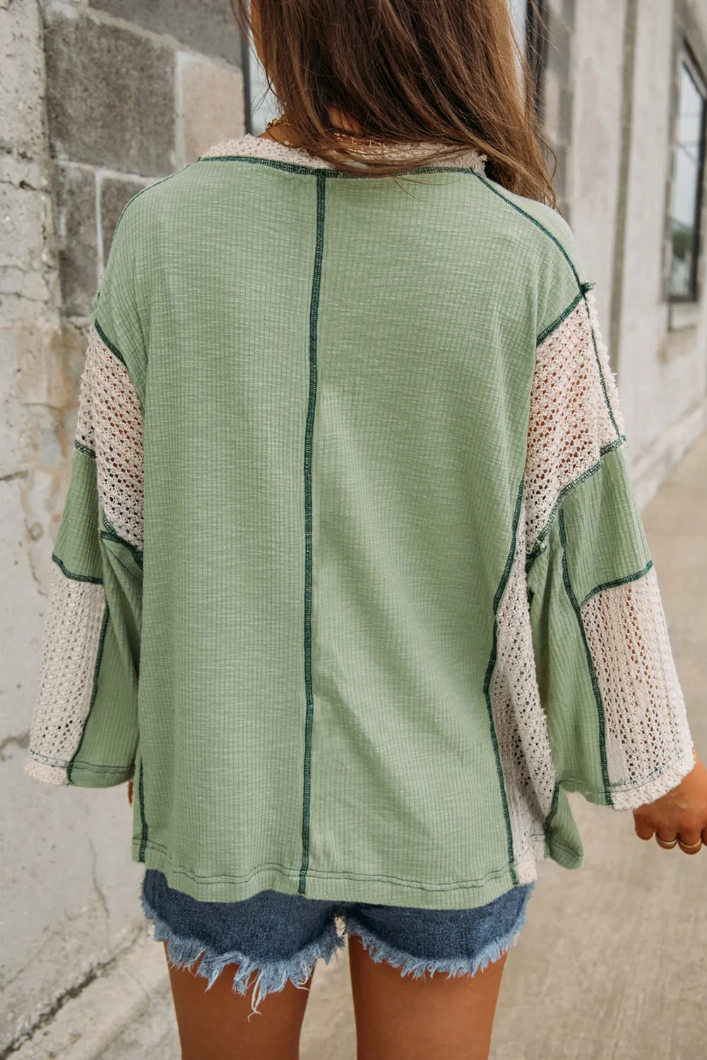 Lace Detail Contrast V-Neck Long Sleeve Blouse, image 4