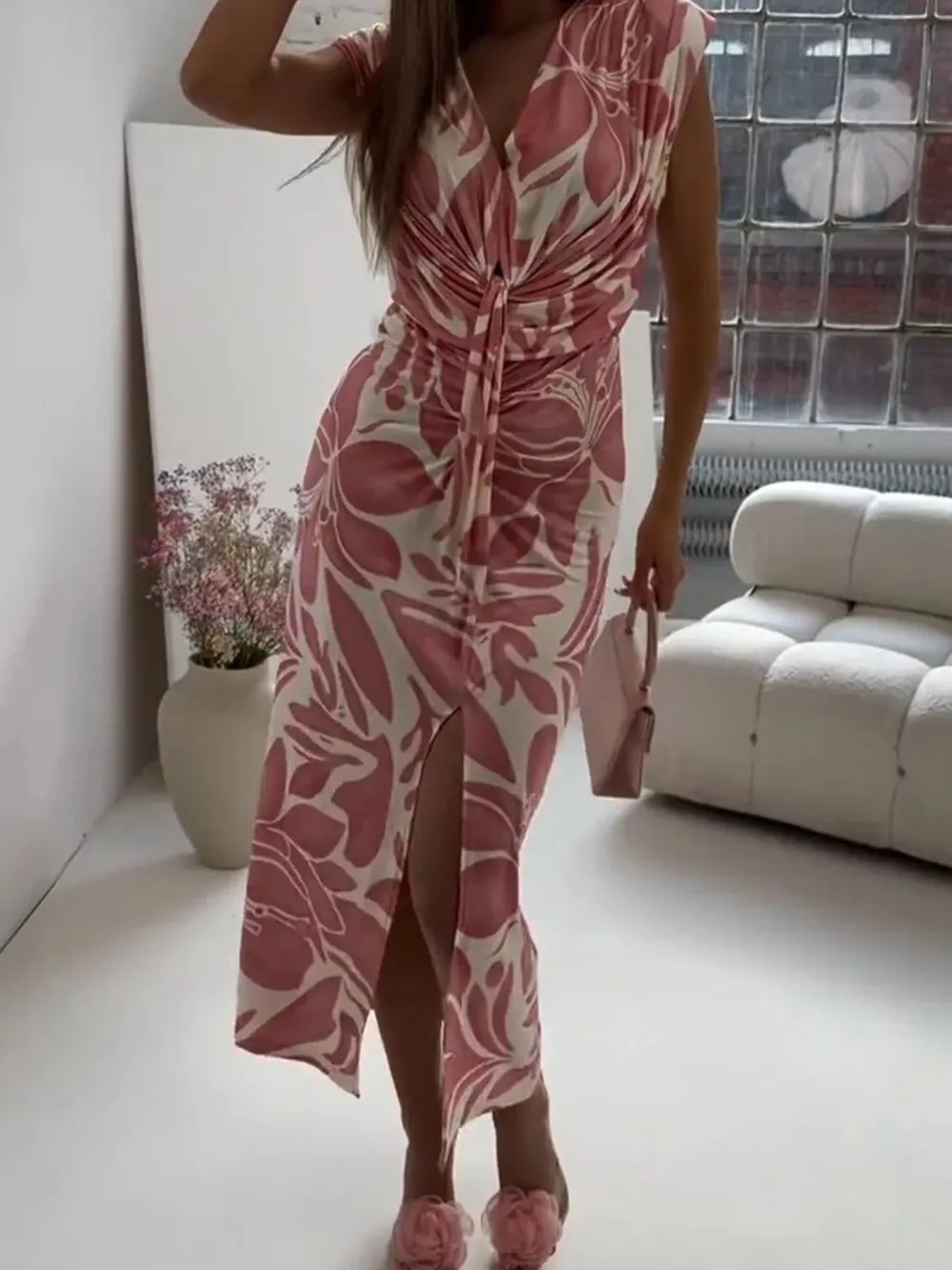 Full Size Slit Printed V-Neck Midi Dress Plus Size, image 10
