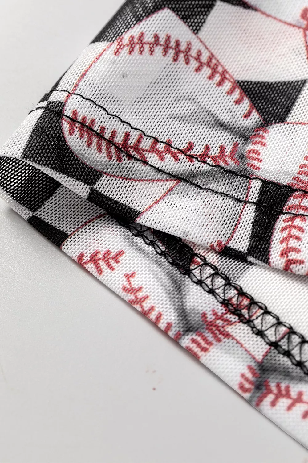 Checkered Baseball Bow Print High Neck Long Sleeve Mesh Top, image 4