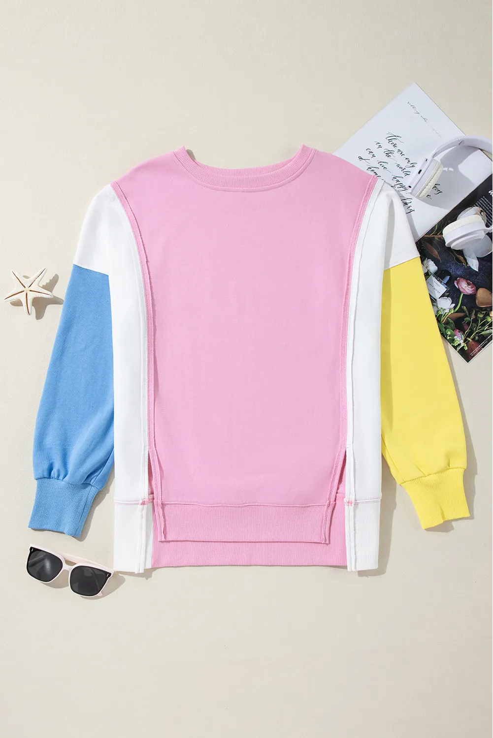 Slit Contrast Round Neck Long Sleeve Sweatshirt, image 5