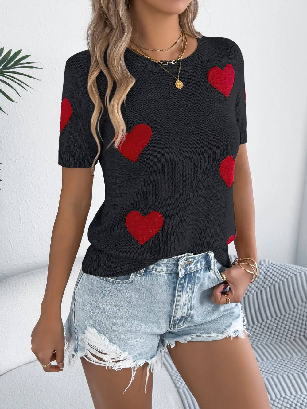 Heart Round Neck Short Sleeve Knit Top, image 10