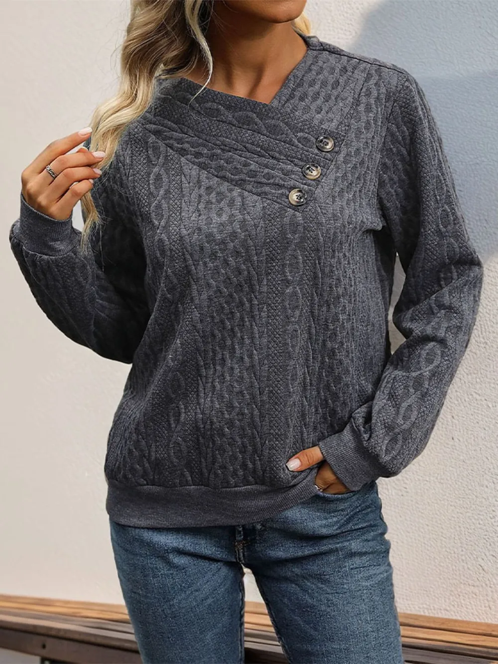 Decorative Button Long Sleeve Sweatshirt, image 5
