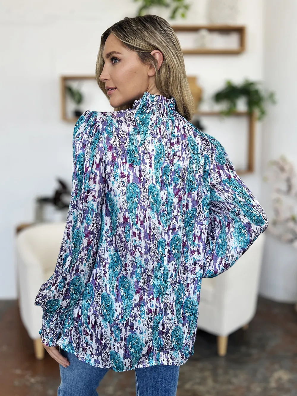 Full Size Printed Smocked Long Sleeve Blouse, image 17