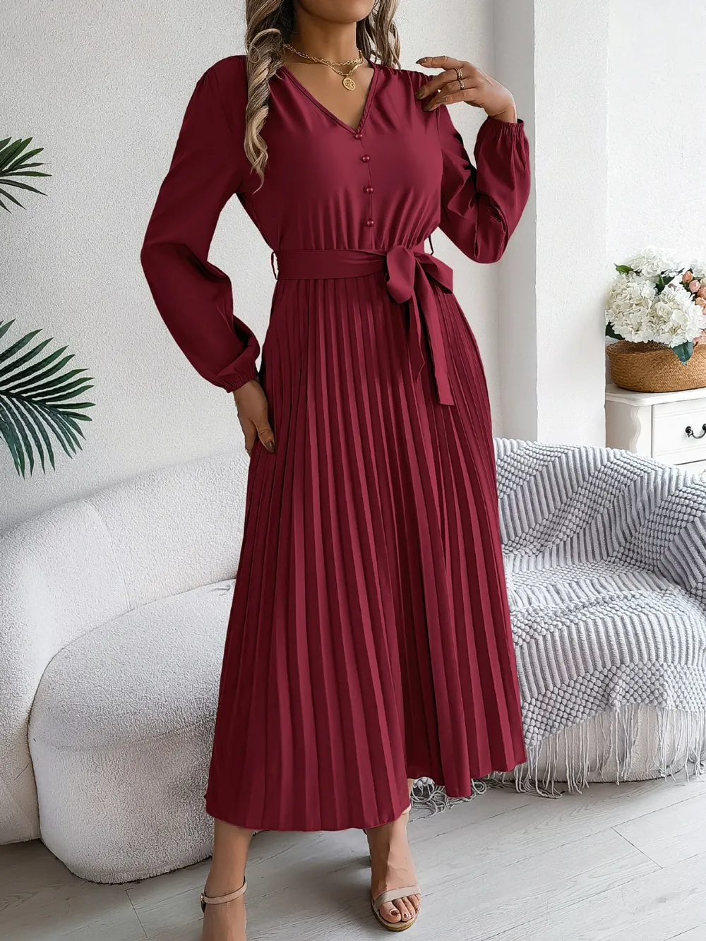 Pleated Tied V-Neck Long Sleeve Dress, image 22
