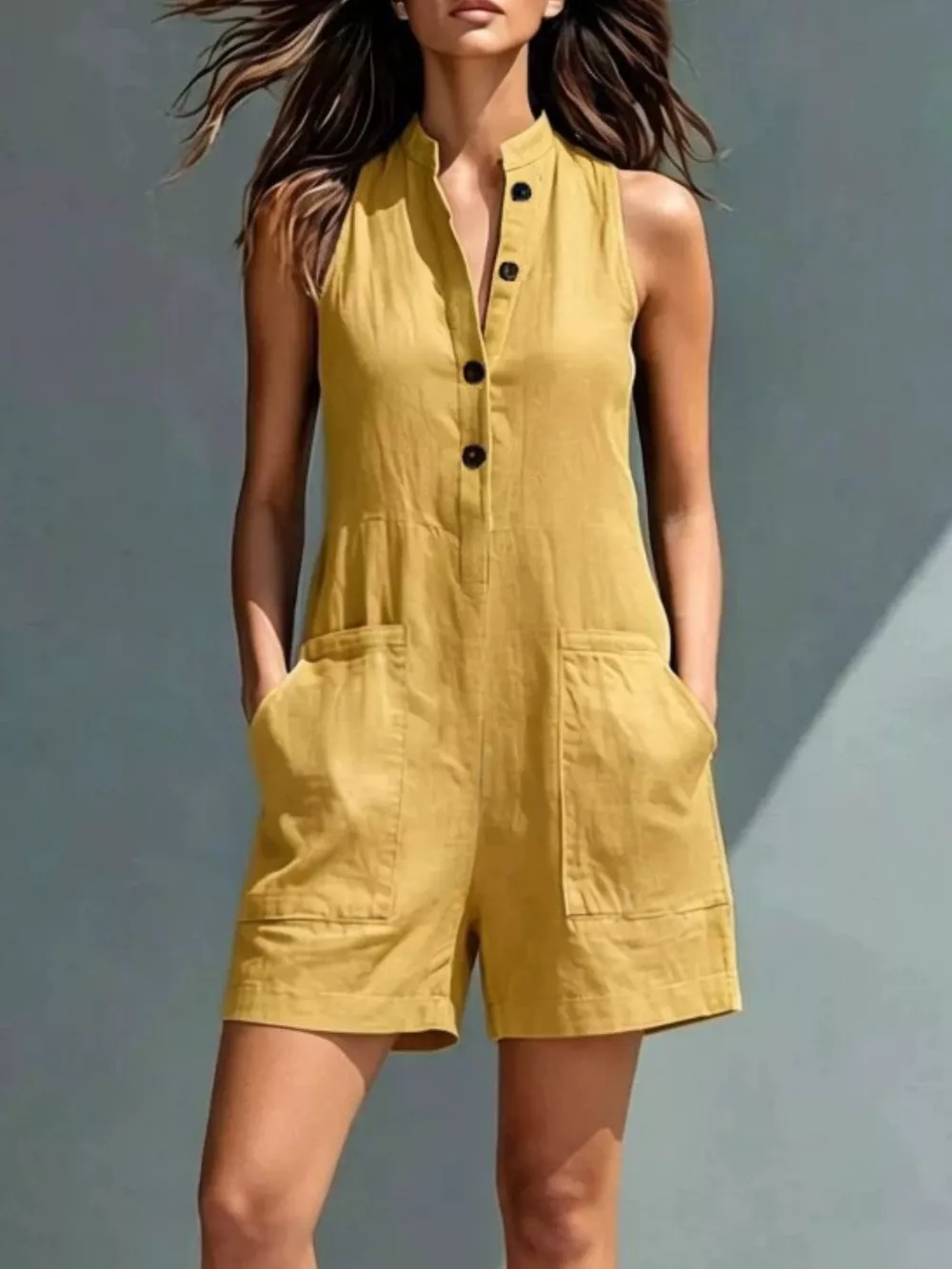 Full Size Sleeveless Button-Front Romper with Pockets Plus Size, image 4