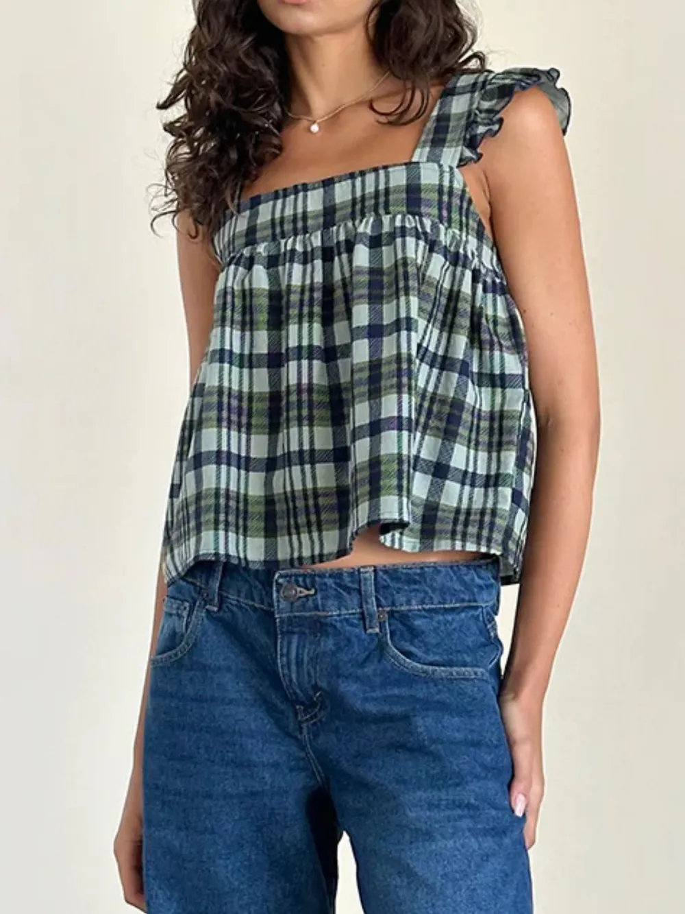 Ruffled Plaid Square Neck Tank, image 4