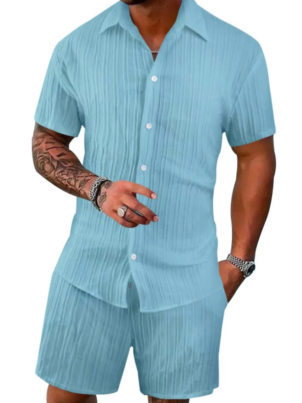 Men's Full Size Button Down Short Sleeve Shirt and Shorts Set Plus Size, image 7