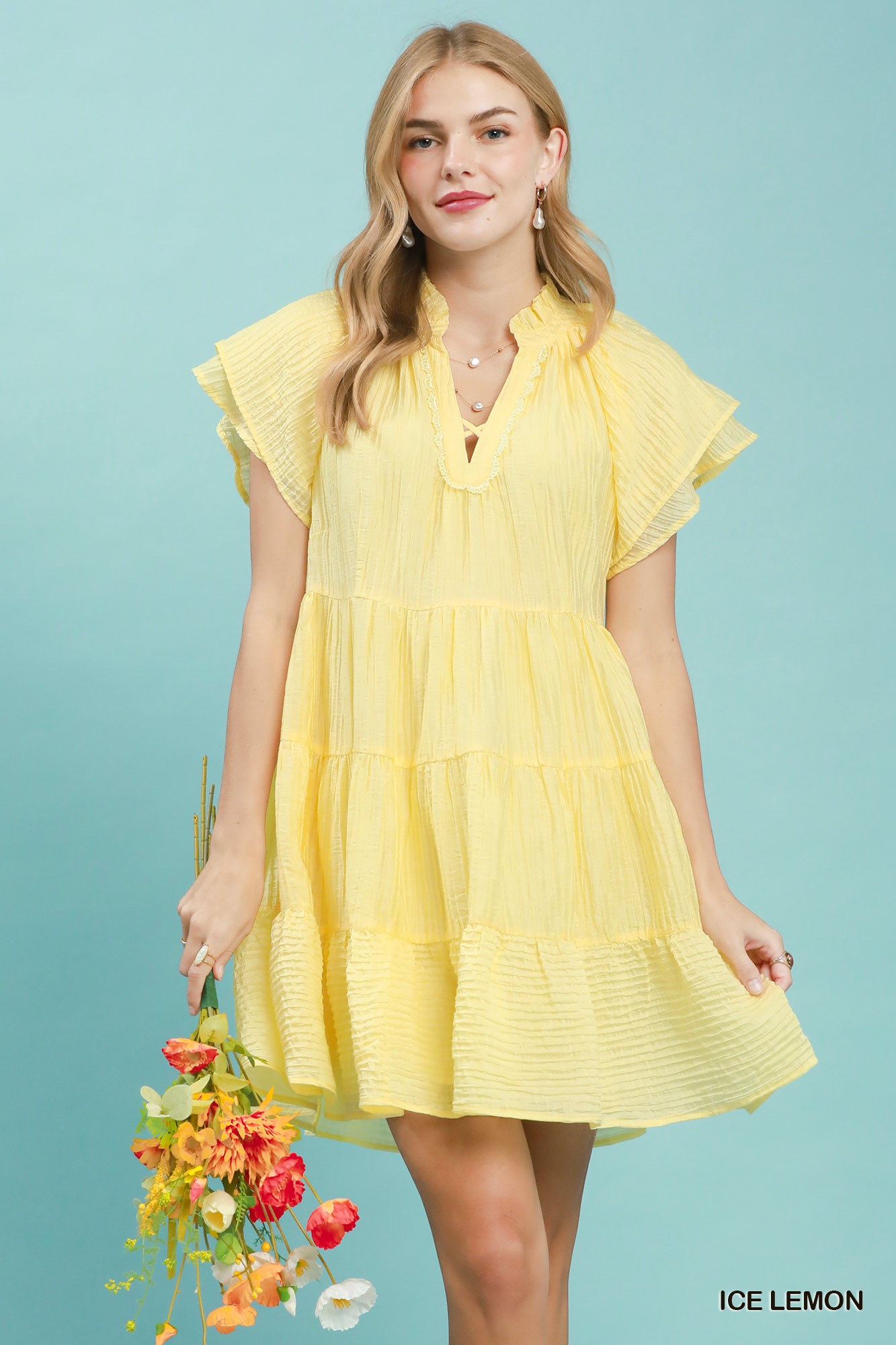 Tiered Ruffle Sleeve Textured Mini Dress