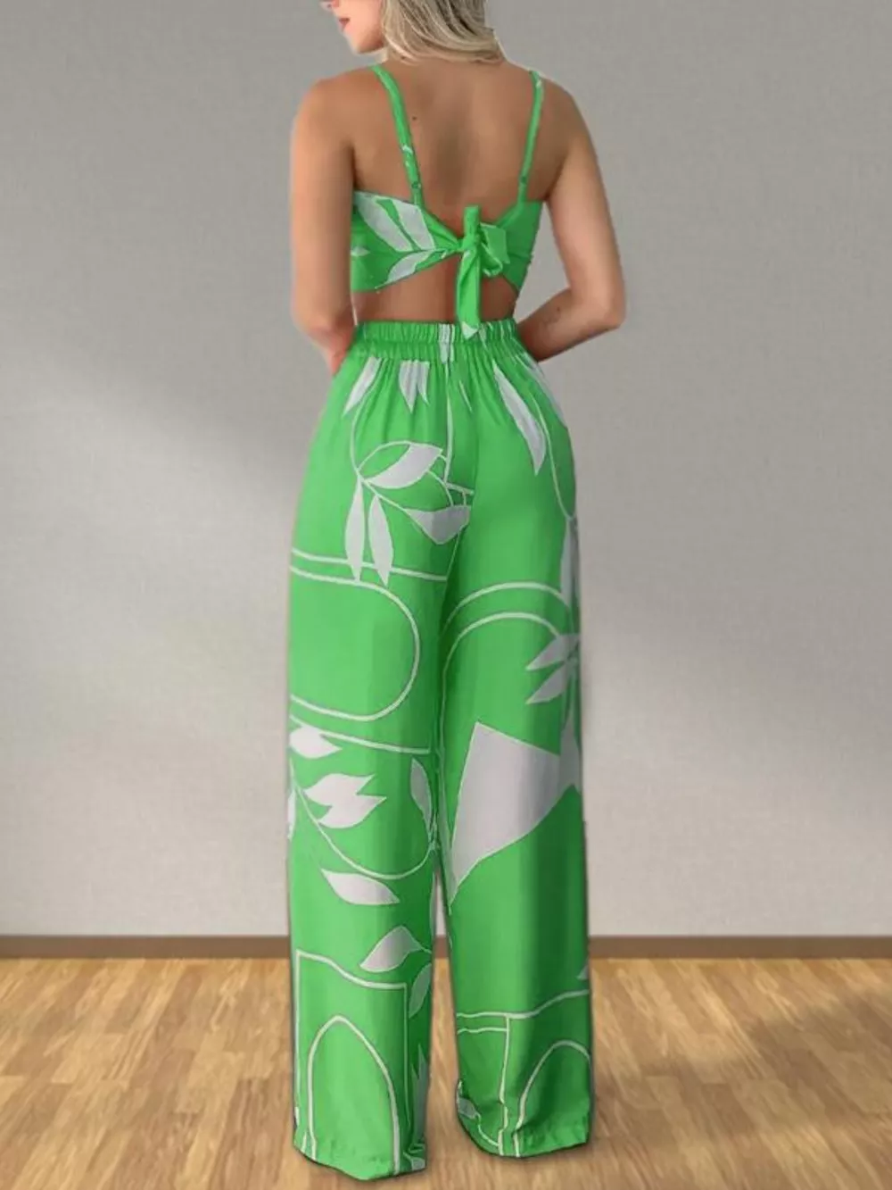Tropical Print Spaghetti Strap Crop Top and Wide Leg Pants Set, image 5