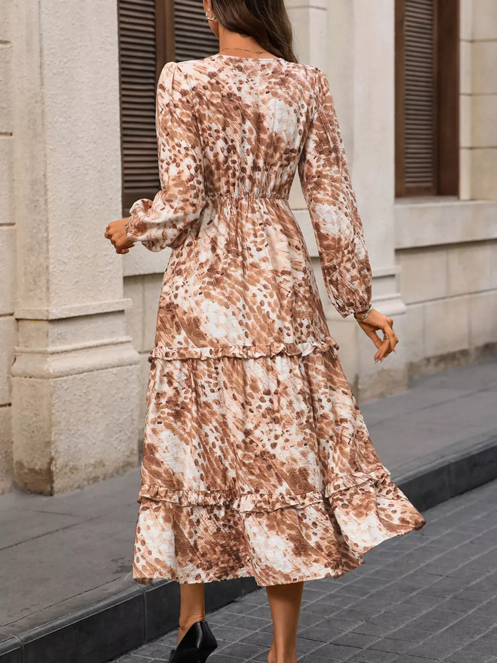 Ruffled V-Neck Balloon Sleeve Dress, image 5