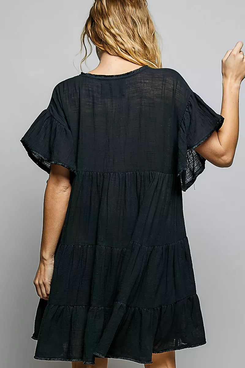 POL Ruffle Shirred V-Neck Short Sleeve Cotton Dress, image 3