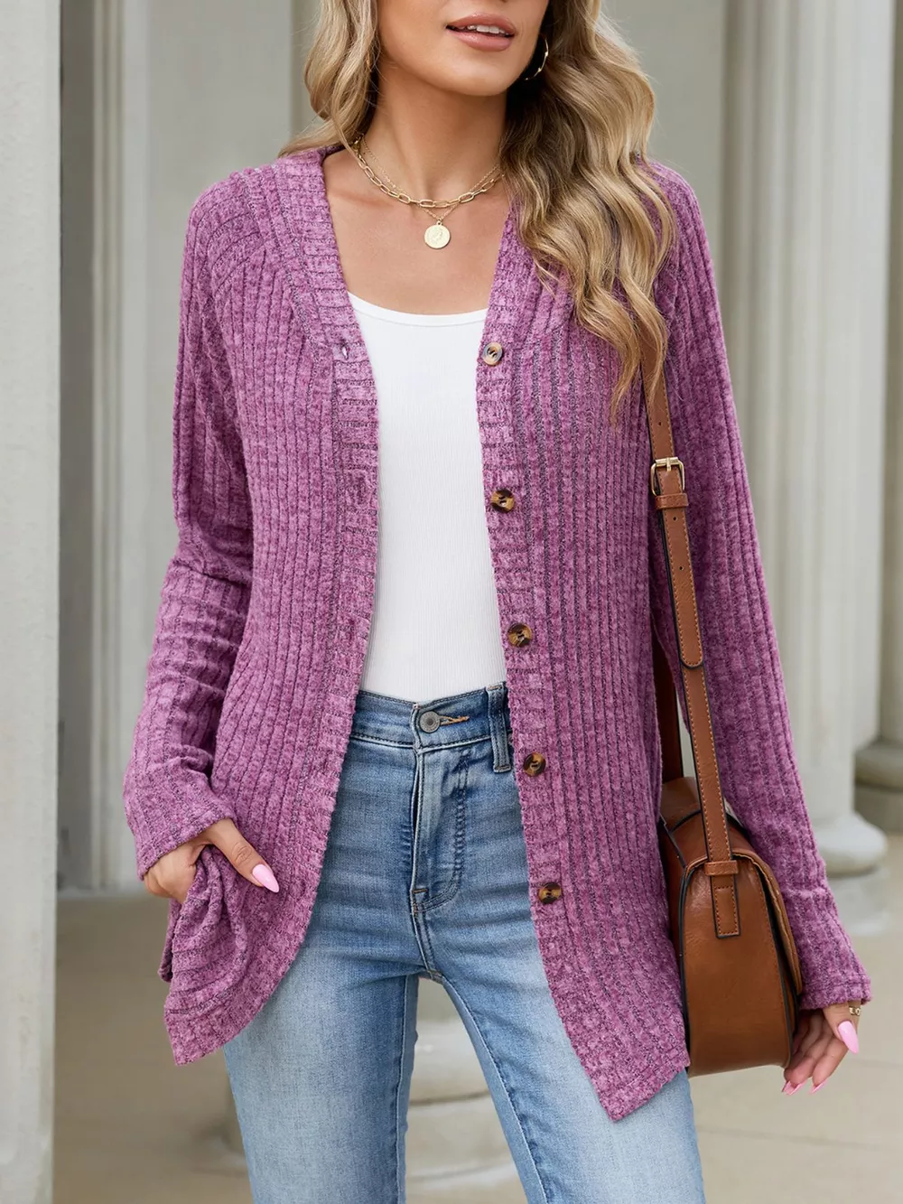 Ribbed Knit Hooded Button-Down Cardigan, image 4