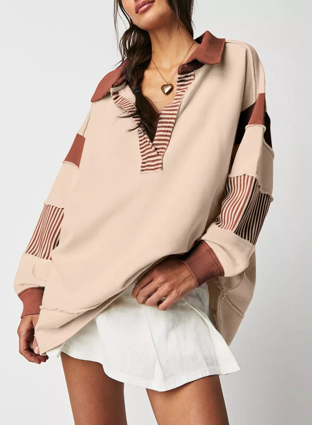 Color Block Striped Johnny Collar Sweatshirt, image 17
