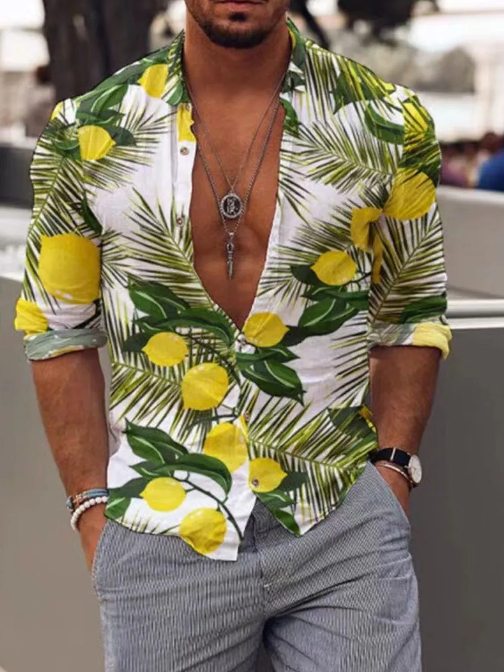 Men's Full Size Lemon Print Button Up Shirt Plus Size