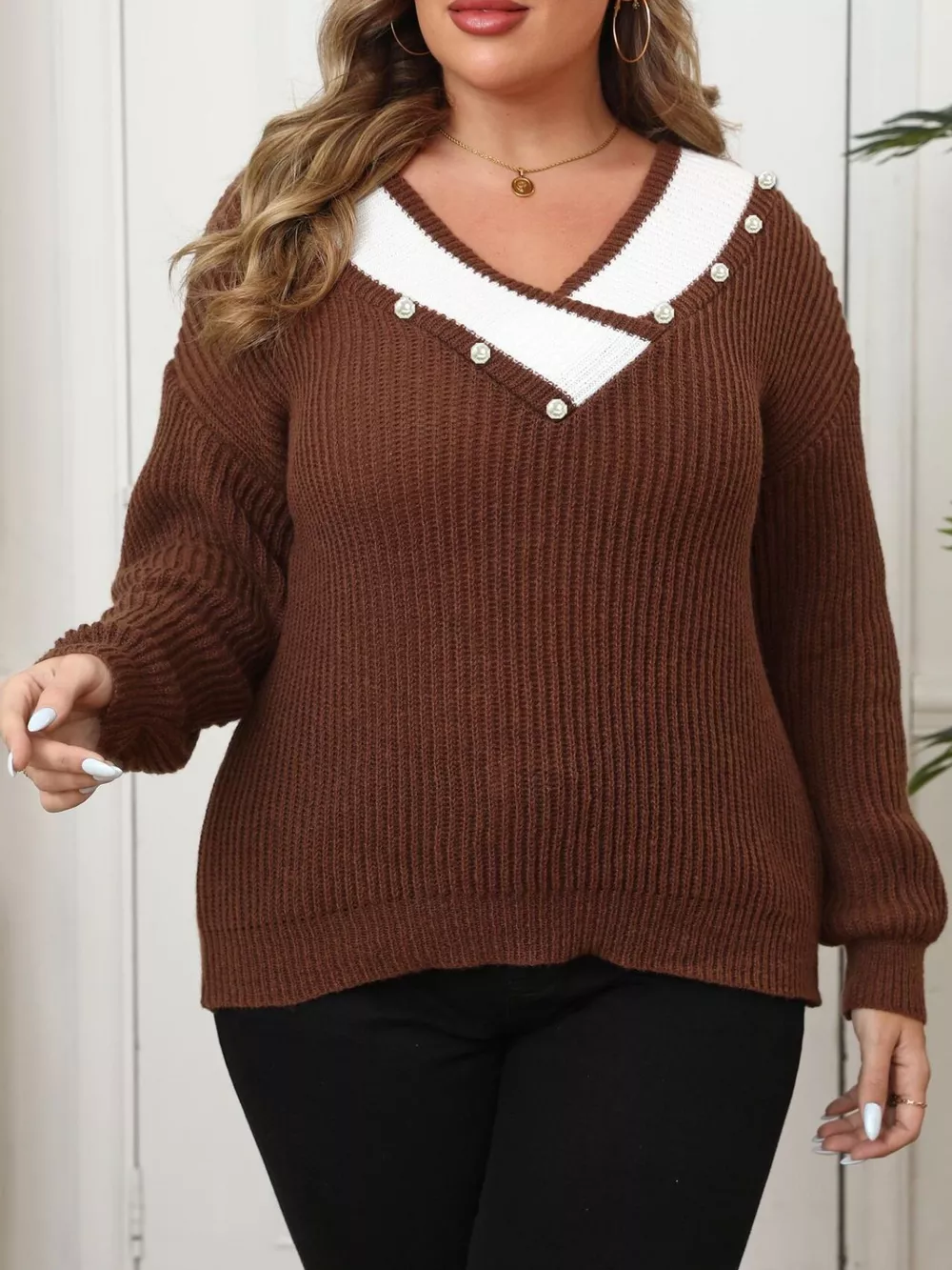Plus Size Contrast Trim Button-Decorated Sweater, image 6