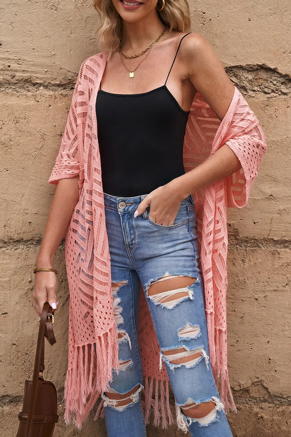Openwork Open Front Cardigan with Fringes, image 17