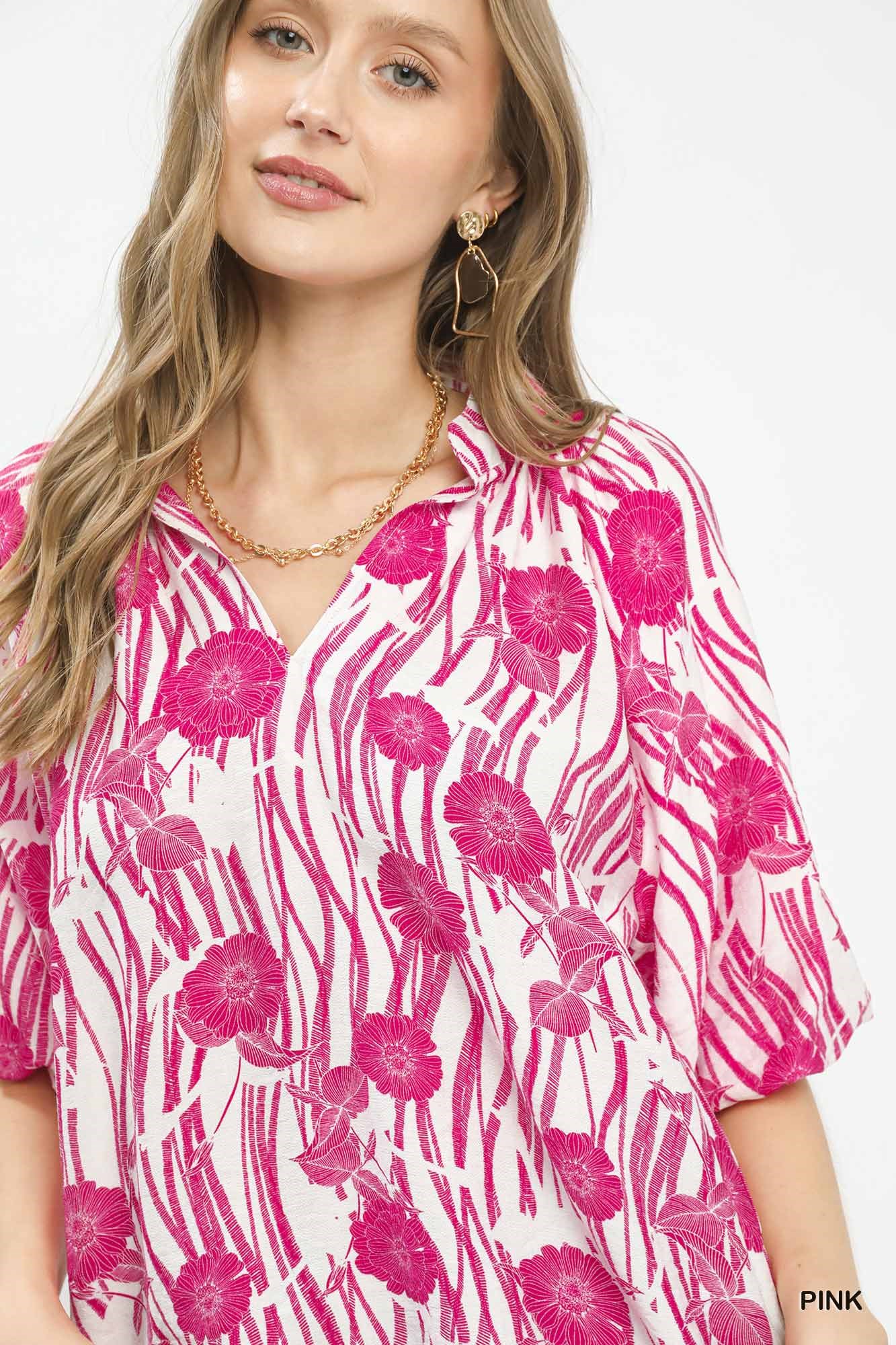 Floral Scalloped Edge Puff Sleeve Blouse with High-Low Curved Hem, image 5