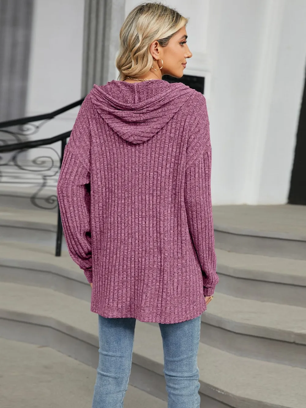 Half Button Long Sleeve Hooded Top, image 7