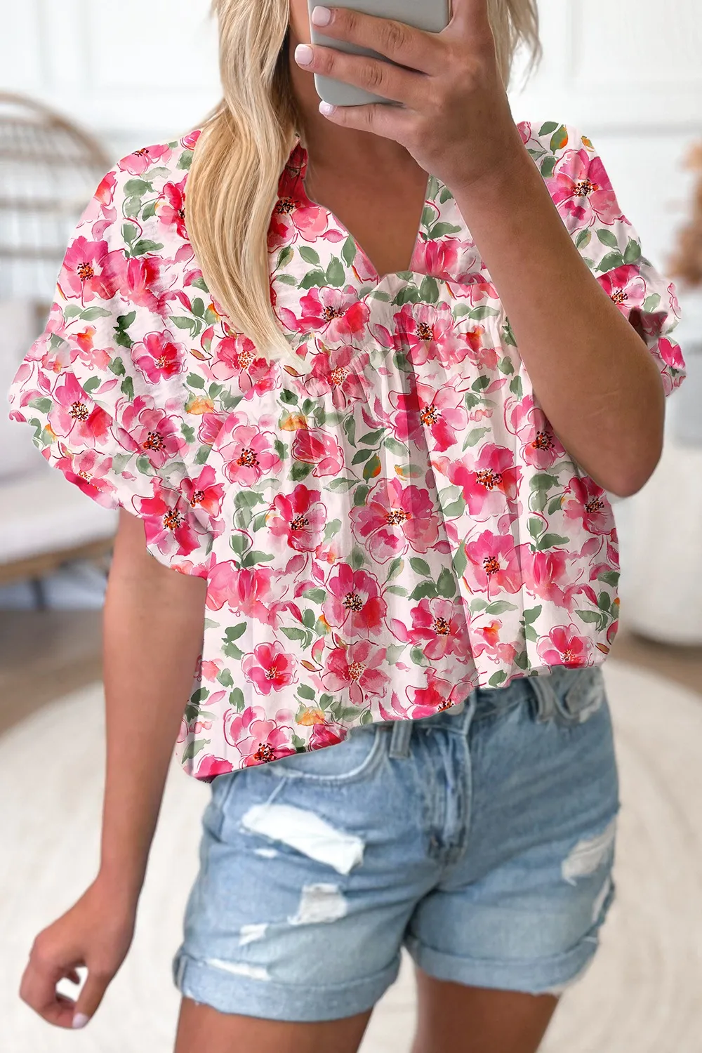 Floral Boxy Fit Ruffled Short Sleeve Blouse, image 8