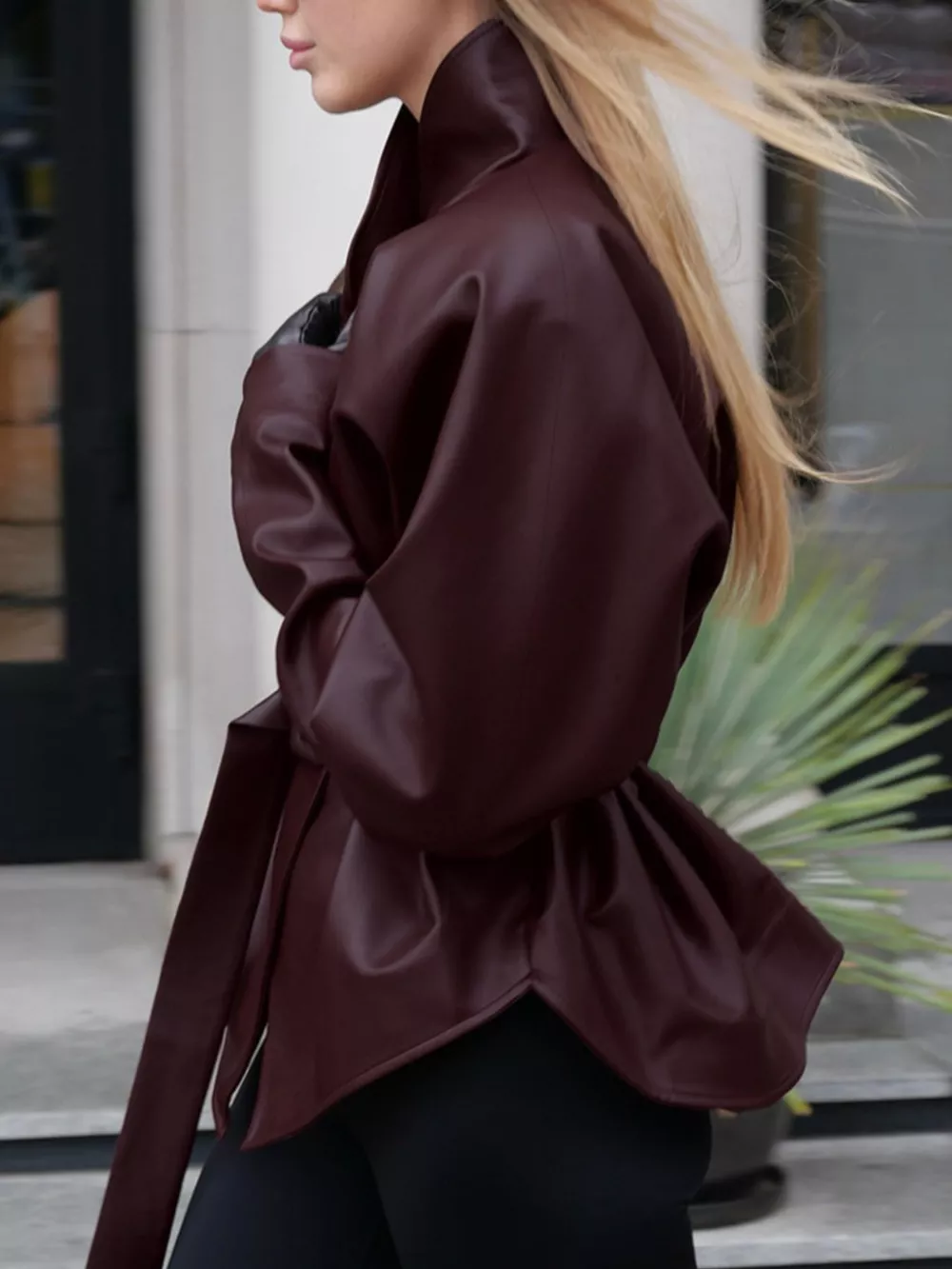 Stand Collar Belted Faux Leather Jacket, image 6