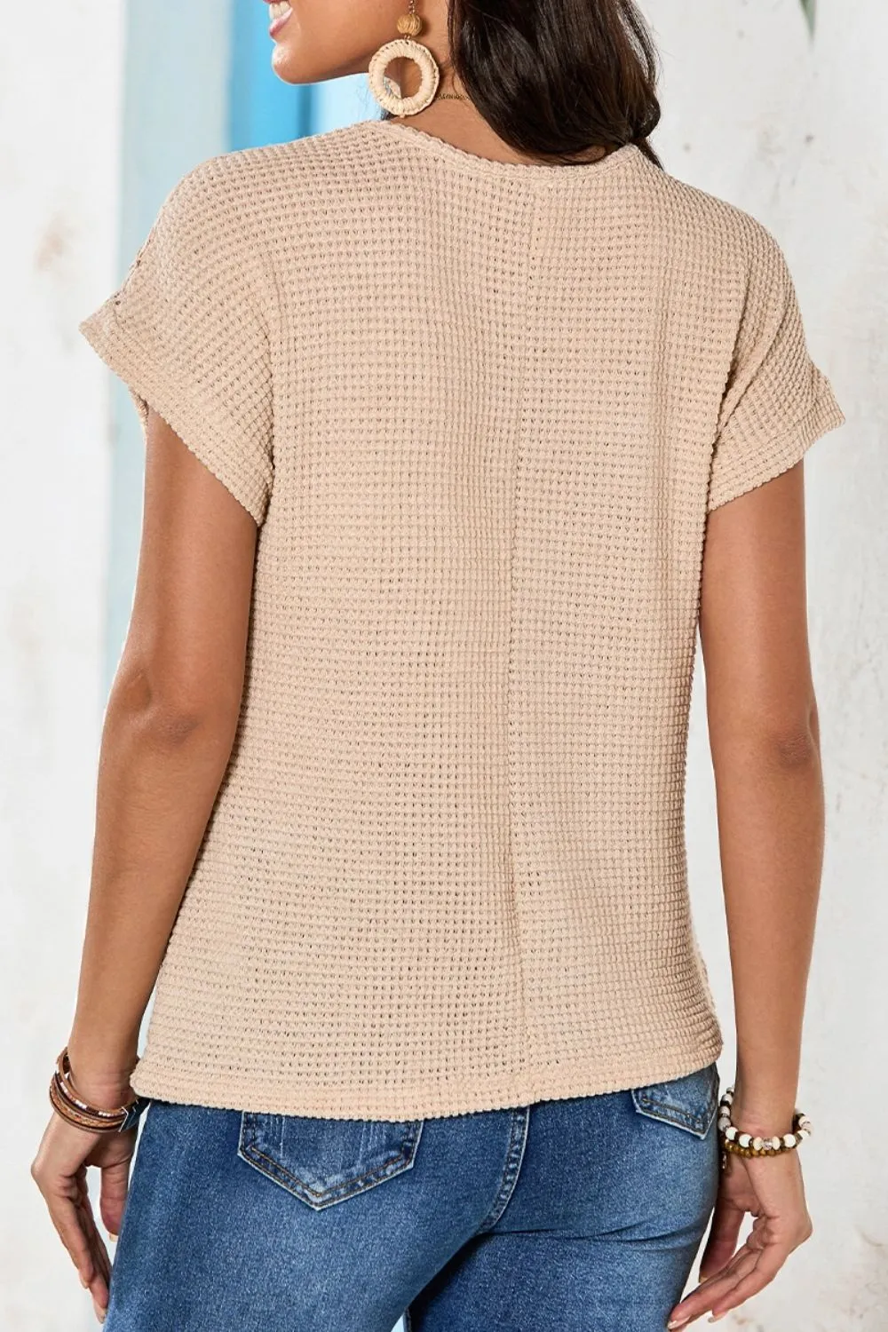 Lace Patchwork Waffle Short Sleeve Knit Top, image 8