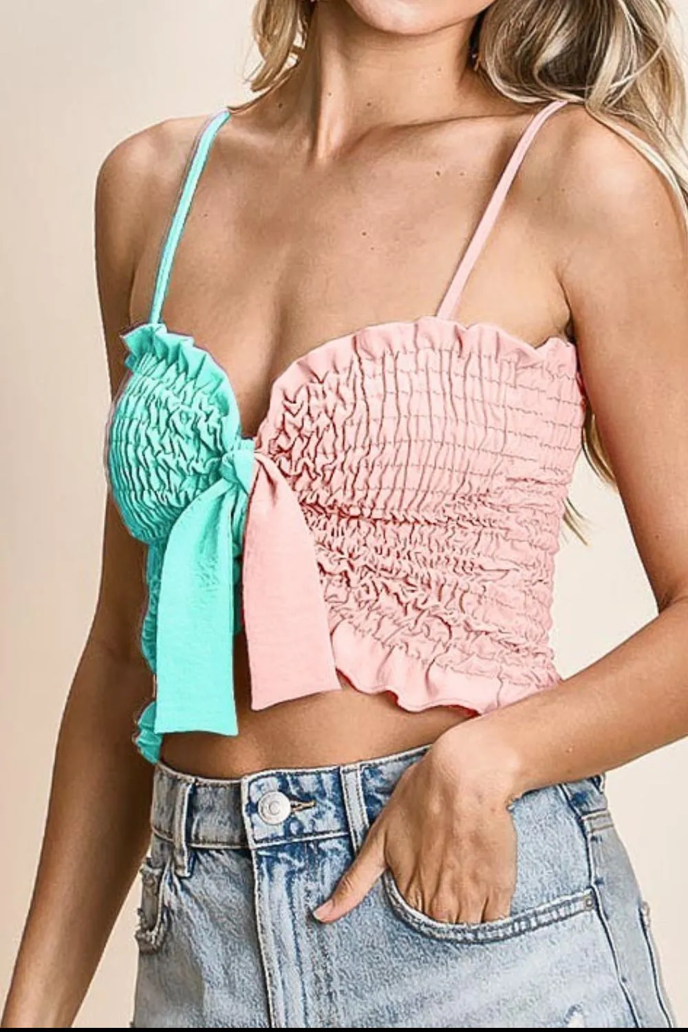 Woven Color Block Smocked with Ribbon Bra Top