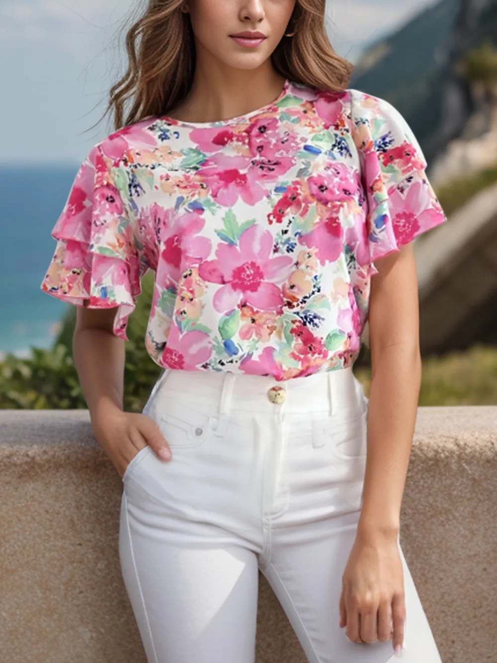 Floral Round Neck Flutter Sleeve Blouse, image 3