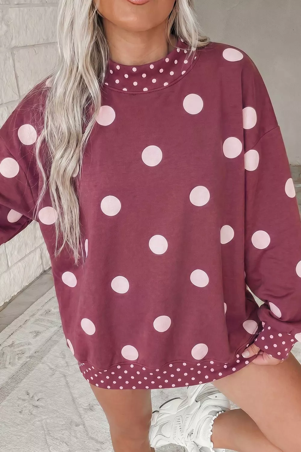 Polka Dot Print Contrast Detail Oversized Tunic Sweatshirt