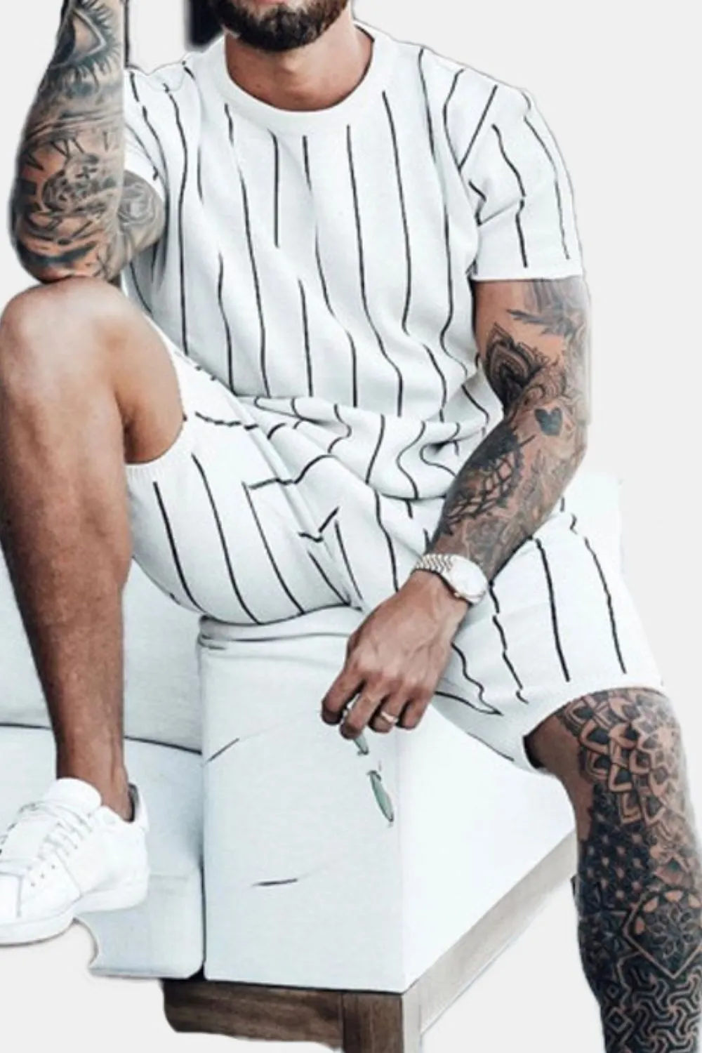 Men's Full Size Striped Casual Top and Shorts Summer Set Plus Size, image 3