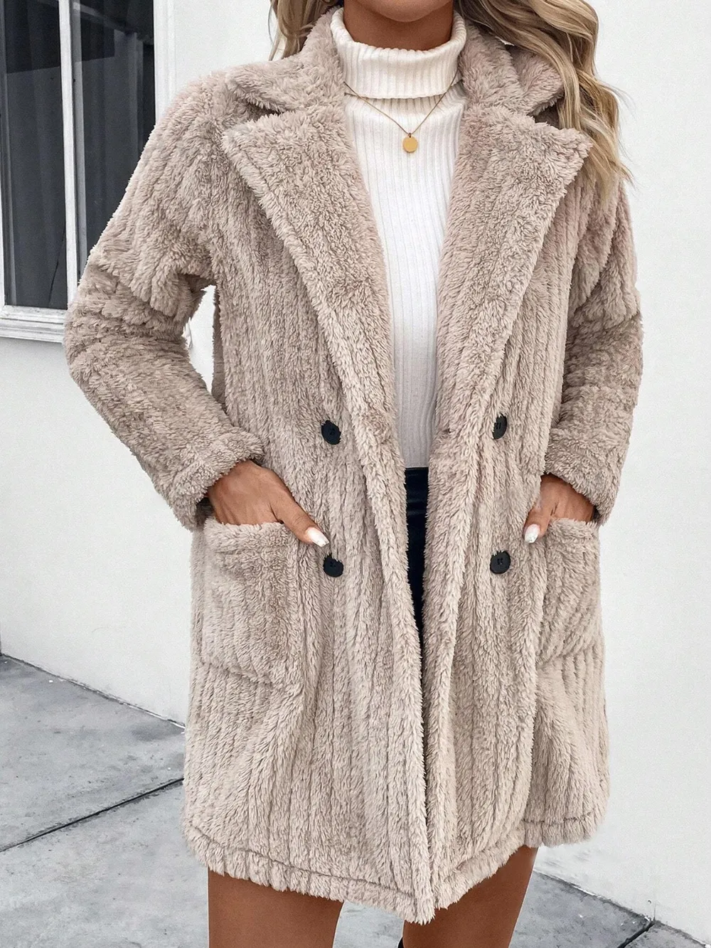 Fuzzy Button Up Long Sleeve Coat with Pockets, image 3
