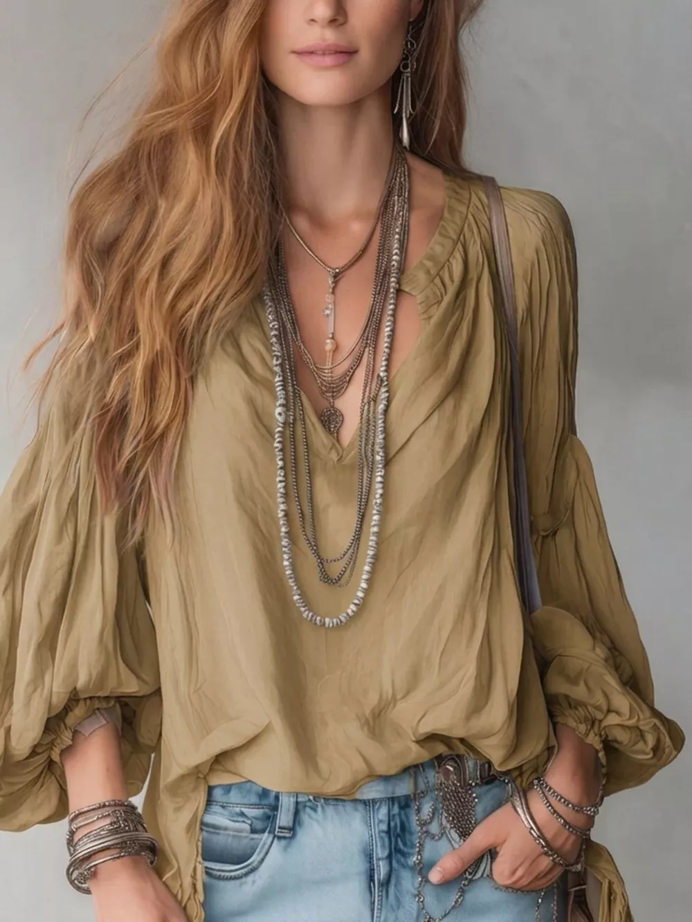 Notched Balloon Sleeve Blouse, image 14