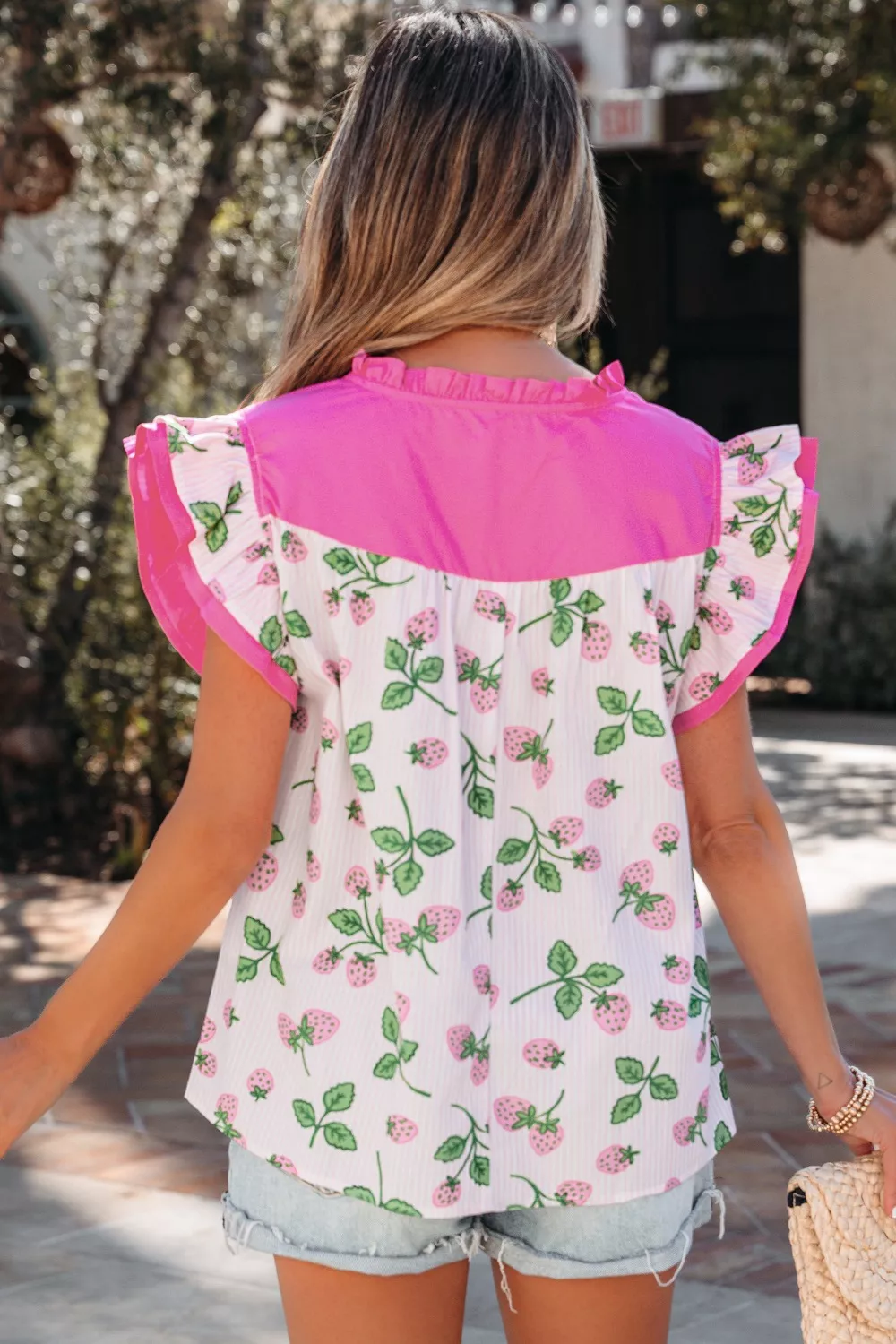 Striped Strawberry Printed Color Block Patchwork V Neck Flutter Sleeve Blouse, image 4