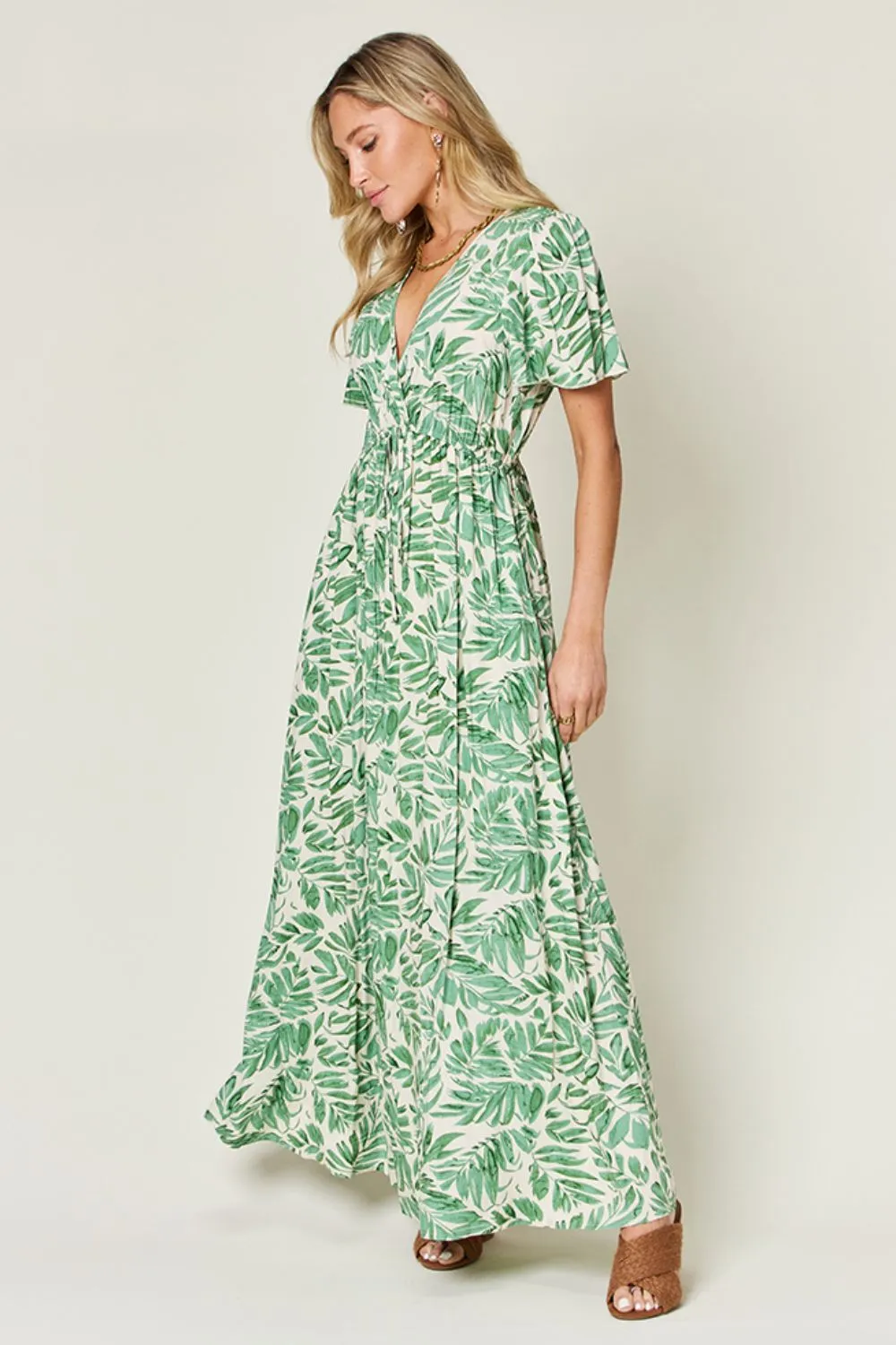 Full Size Printed Drawstring Short Sleeve Dress, image 2