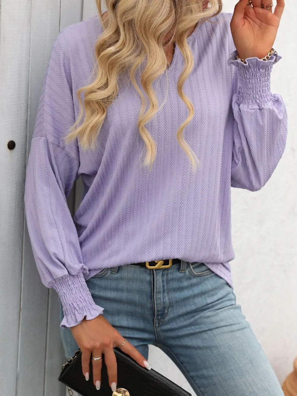 Textured Notched Lantern Sleeve T-Shirt, image 12