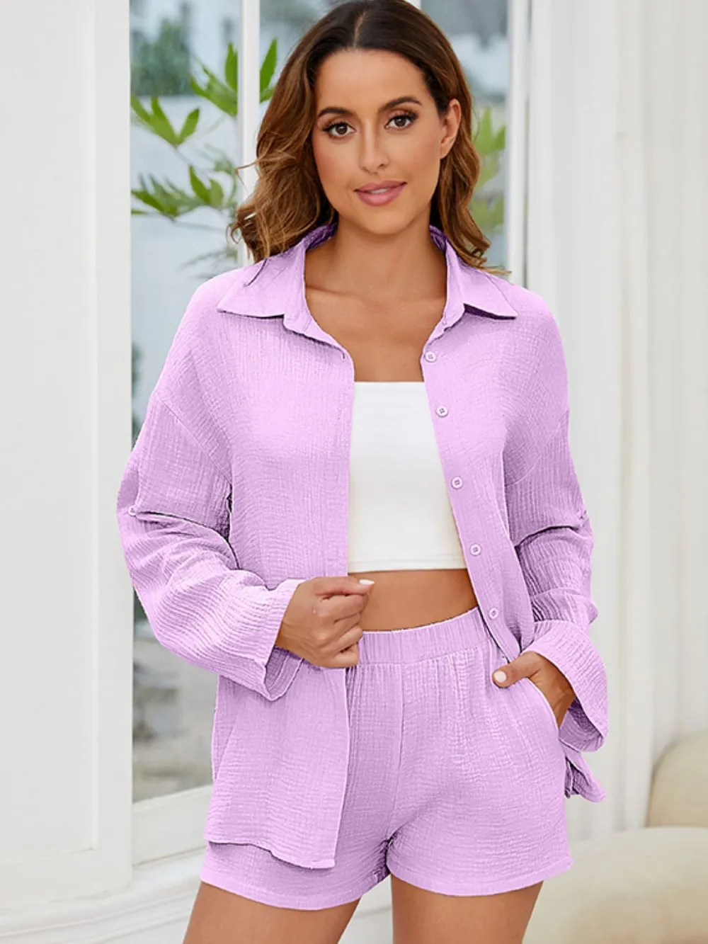 Button Up Long Sleeve Top and Shorts Set, image 21