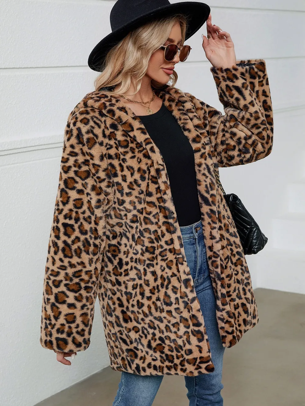 Fuzzy Leopard Hooded Long Sleeve Jacket, image 5