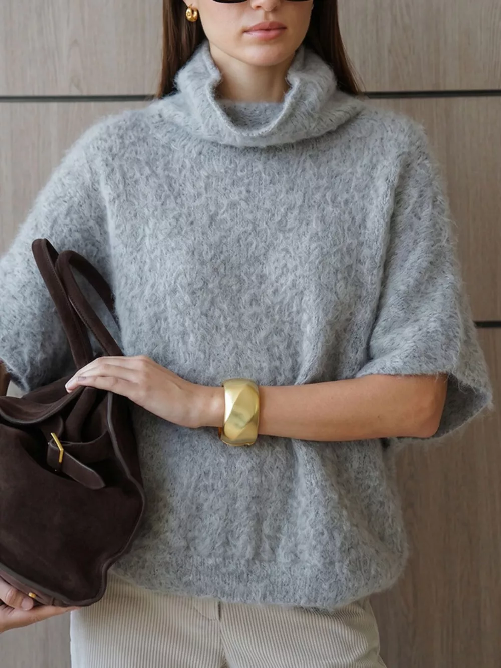 Turtleneck Fuzzy Short Sleeve Sweater, image 17