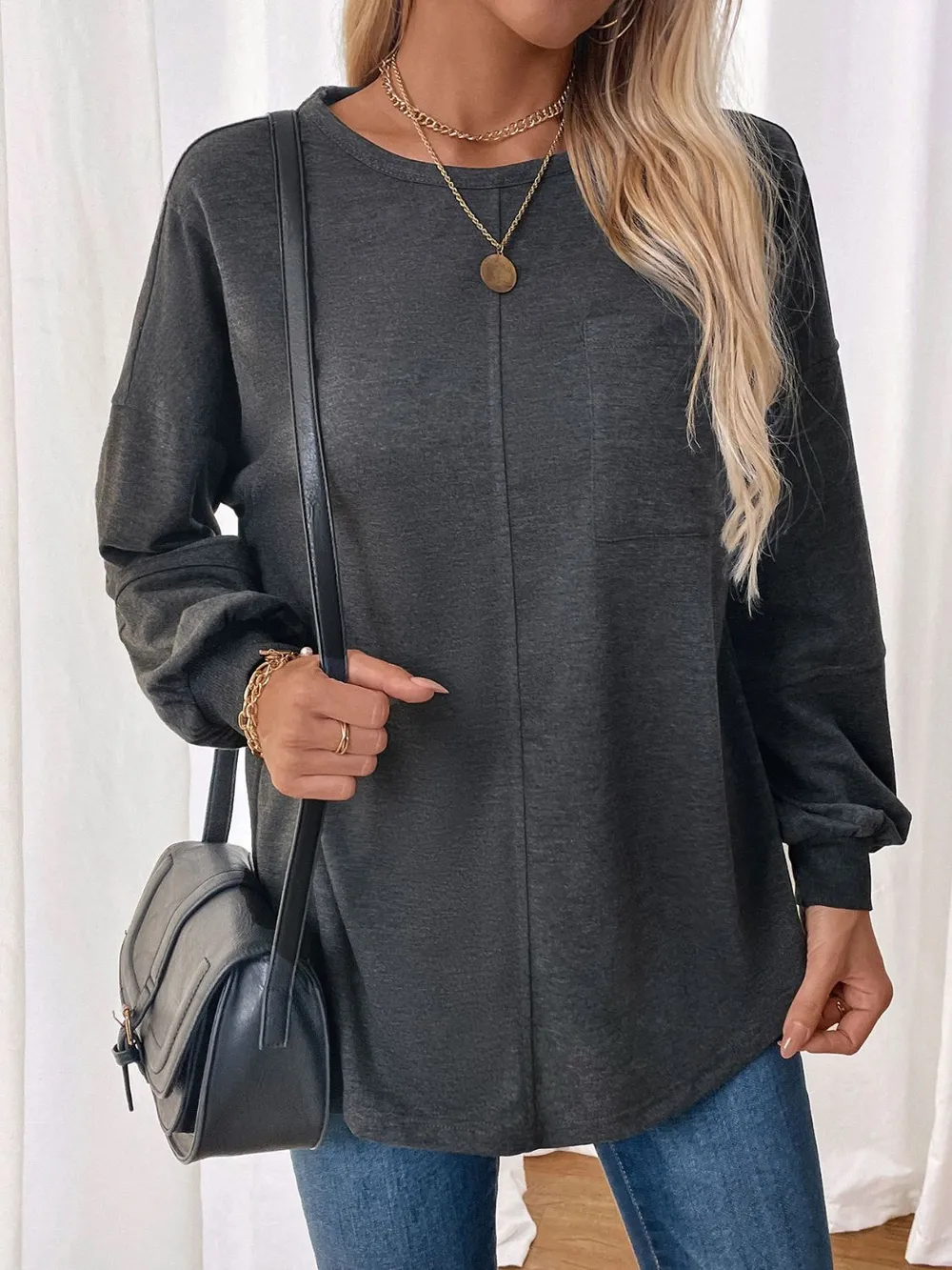 Pocketed Round Neck Long Sleeve Sweatshirt, image 4