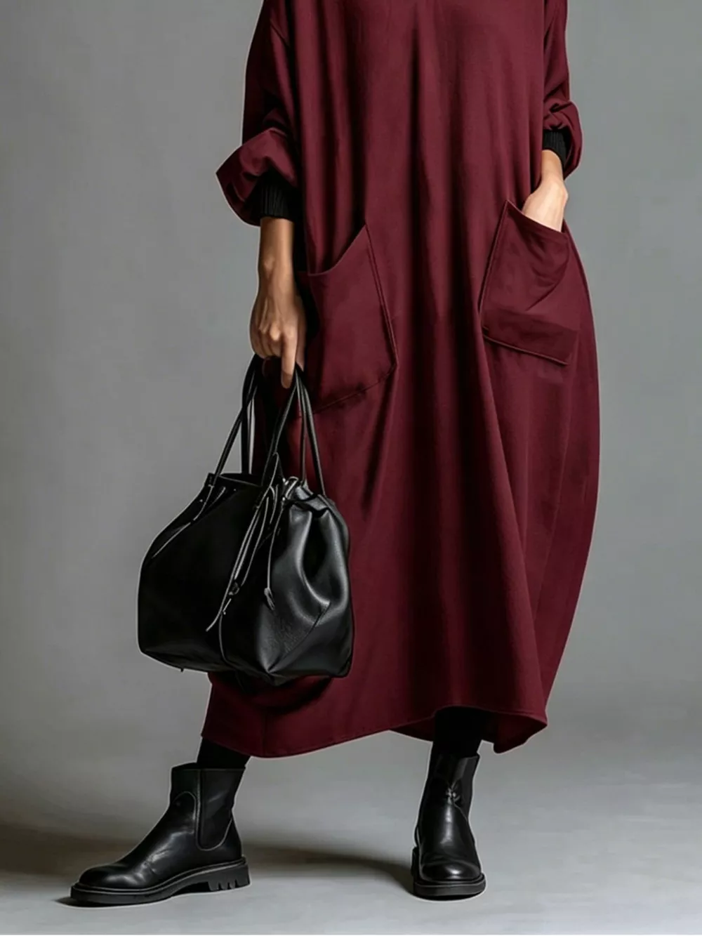 Full Size Loose-Fit Mock Neck Midi Dress with Pockets Plus Size, image 25