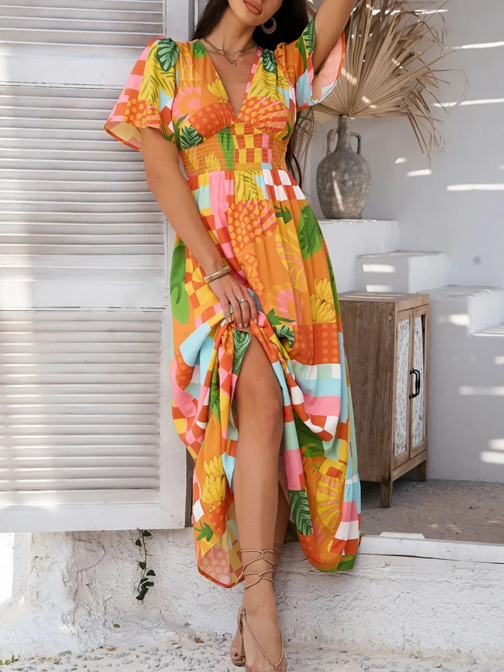 Smocked Printed V-Neck Short Sleeve Maxi Dress, image 13